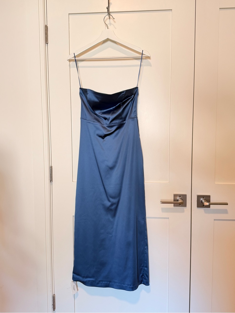 Abercrombie & Fitch Satin Strapless Midi Dress in Navy Blue